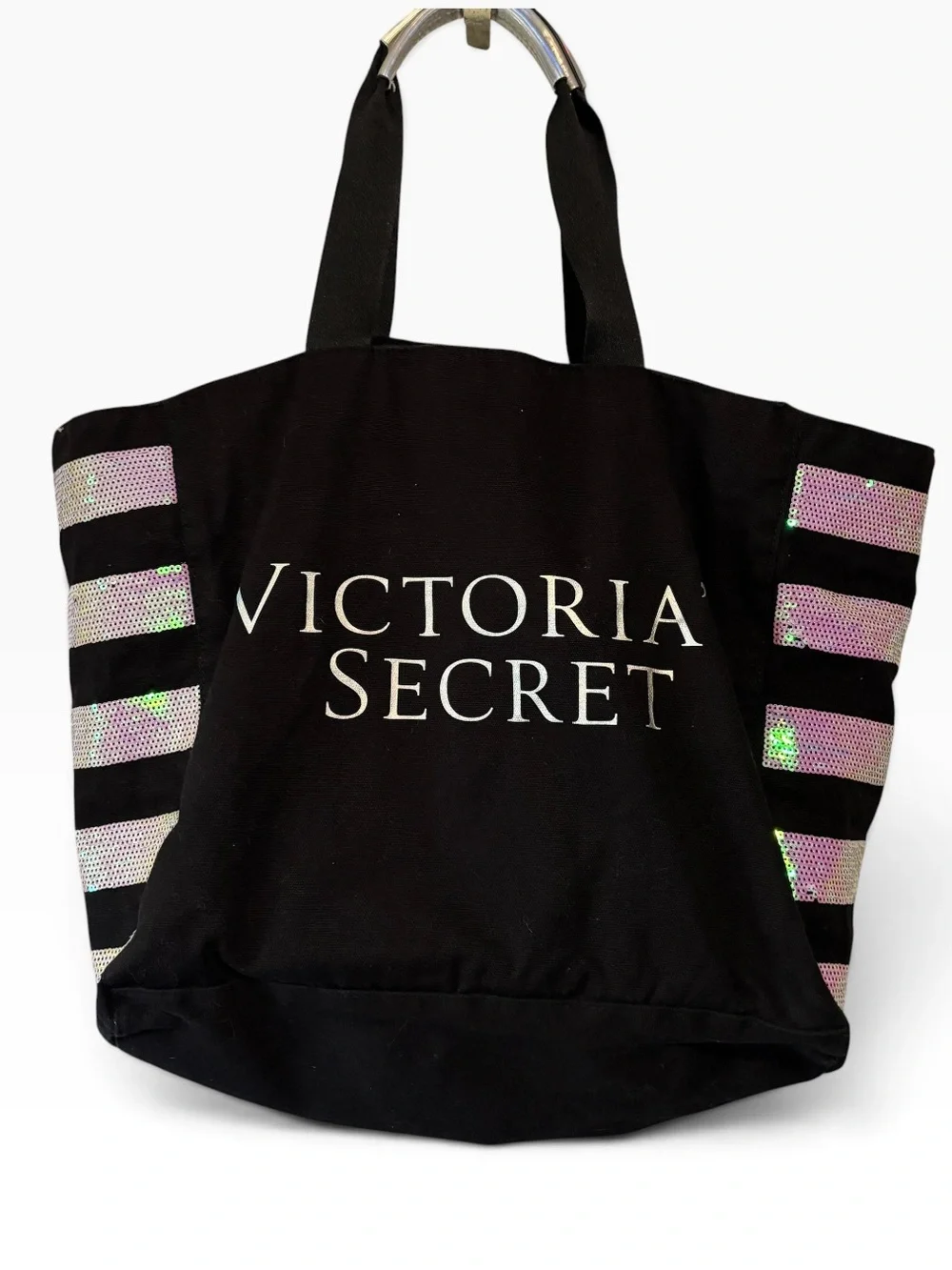 Victoria's Secret Black Canvas Tote Bag with Iridescent Sequin Stripes